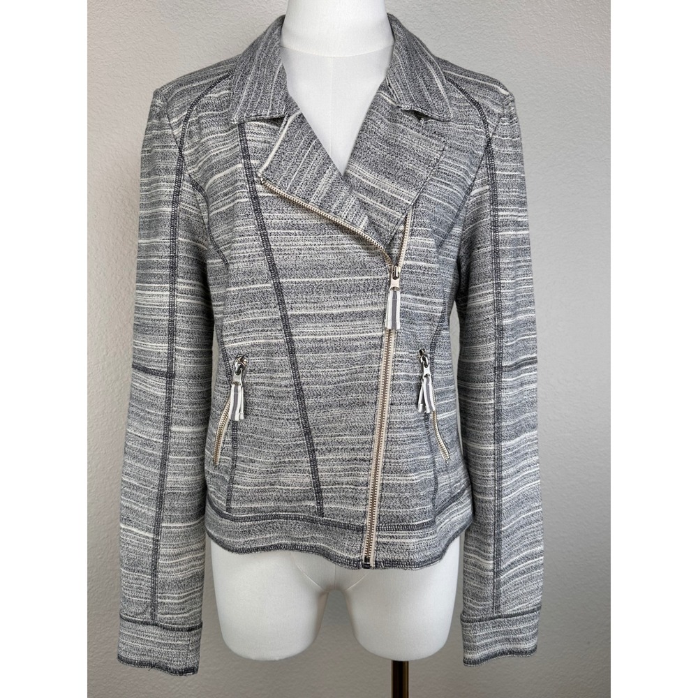 By Anthropologie Gray Cotton Moto Jacket Medium NWT Asym Zip Striped $108